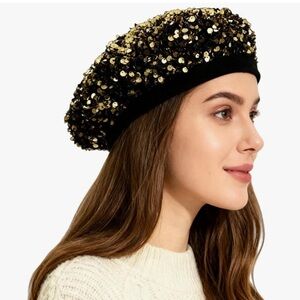 Sparkly Sequin Beret for Women - Gold/Black